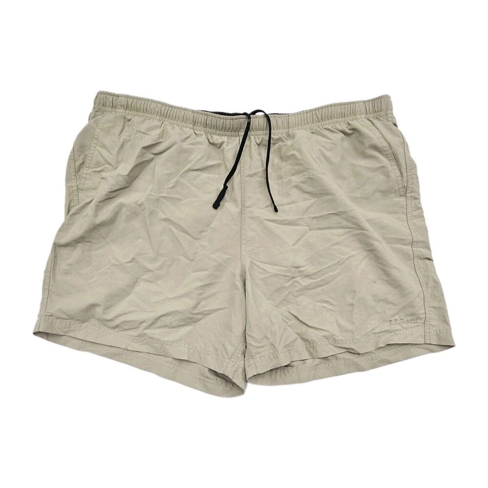 LL Bean Men XL Supplex Nylon Sport Shorts Swim Trunks Mesh Lined Beige 215657